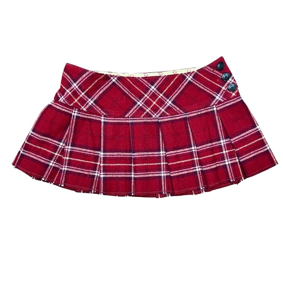 VTG Y2K Abercrombie & Fitch Pleated Wool Micro Mini Skirt Red Plaid Button Sz 10 - Picture 2 of 10